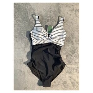 Eomenie Women's One Piece Swimsuit M Black White Striped Tummy Control NWT